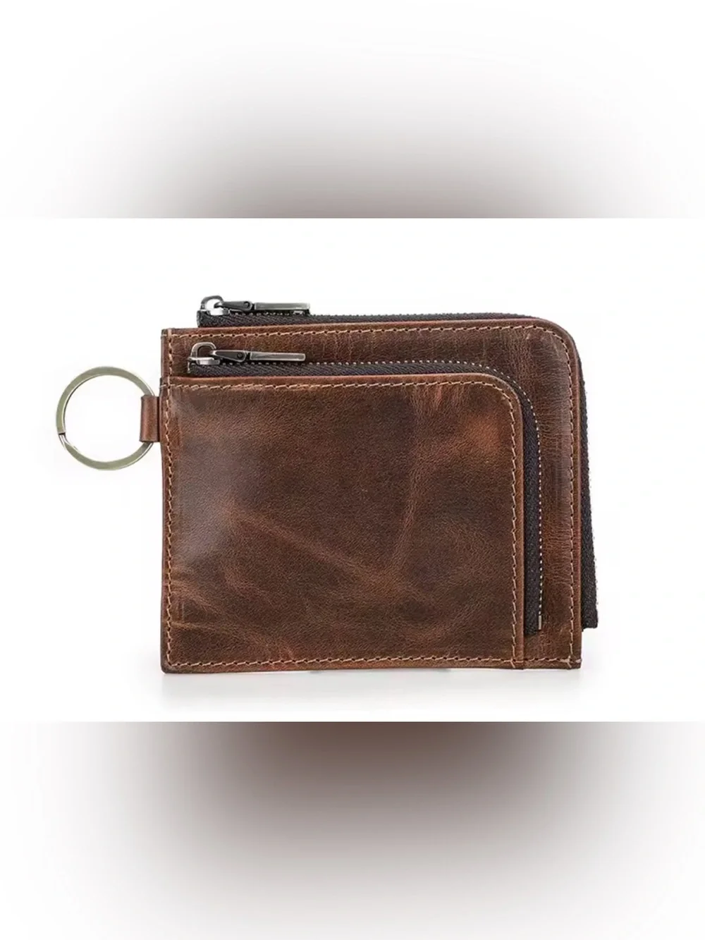 New Vintage Brown genuine Leather Zip Wallet with Keyring Accent